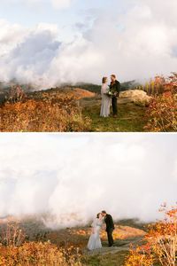 A beautiful fall elopement in the Mountains of Asheville NC. The fall colors all around made for the perfect backdrop to say I do. The bride wore a silver dress and the sunset was amazing. Photography and elopement planning by Legacy and Legend Co.