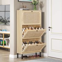 PRICES MAY VARY. SPACIOUS FLIP DRAWERS: The shoe cabinet contains 3 flip drawers, each drawer has 2 compartments.Support MEN SIZE within 8.5 and WOMEN SIZE within 10. REMOVABLE SHELF: The middle shelf can be adjusted to place different style of shoes. The shoe storage cabinet can hold up to 18 pairs of home shoes if placed normally. NATURAL RATTAN CABINET: Adopt natural rattan skin to make the facade, environmental protection, natural, breathable. Four separate, frosted metal bases provide excel