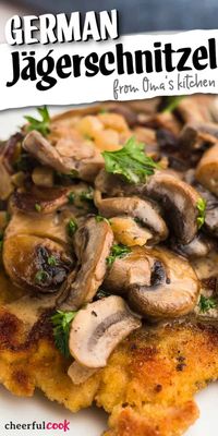 This classic German dish is hearty comfort food made of perfectly crunchy golden pork schnitzels topped with deliciously rich mushroom gravy. Make this satisfying dish in just under an hour using only one pan. #cheerfulcook #schnitzel #german #oktoberfest #mushroomsauce