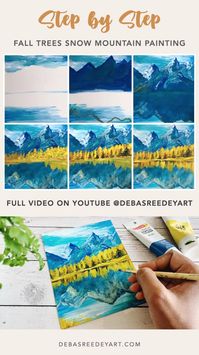 fall trees & snow mountains - acrylic landscape painting - Debasree Dey Art