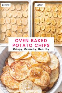 Quick and easy to make with simple ingredients, these oven baked potato chips are perfectly crunch and loaded with flavor- great for snacking! Potato Recipes | Oven Baked Potatoes | Side Dishes | Snacking Ideas.