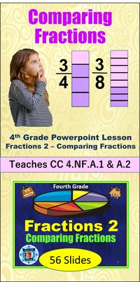 4th Grade Fractions 2 - Comparing Fractions Powerpoint presentation is perfect for direct instruction in the classroom, individual or distance learning. It teaches students three different ways to compare fractions: use a number line, how to compare fractions with same denominator, how to compare fractions when the numerator is the same and how to compare using 1/2 as a benchmark. There is a review of what each fraction represents and how they are labeled.