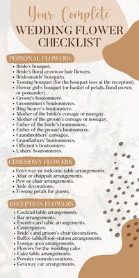 A guide to all the wedding flowers you'll need, from wedding bouquets to personal flowers to ceremony flowers and reception flowers. Save this checklist for a quick and easy wedding planning reference as you prepare for your dream wedding day! Wedding tips // Wedding Advice // Wedding Checklist