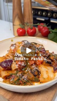 Vegan Recipes Chef Ron Russell on Instagram: "Roasted Vegetable and Tomato Pasta Repost from @georgiamaysalamat

Ingredients 
Serves 2-3 
497 kcals
16.4g protein 

Tomato sauce 
- 400g tomatoes 
- 1 red onion 
- 2 garlic cloves 
- 1/2 red chilli, seeds removed 
- 1 tsp caster sugar 
- Salt and pepper

Roasted veg 
- 1 courgette 
- 1 aubergine 
- 1 red pepper
- 1 red onion 
- 100g cherry tomatoes 

- 200g pasta 

Garnish 
- Parmesan 
- Small bunch basil, finely shredded 

Start by prepped the tomato sauce. Cut the tomatoes into four and roughly chop the red onion. Cut the red chilli in half and remove the seeds and bash the garlic cloves. Add to a baking dish with drizzle of olive oil and a good pinch of salt and pepper. Roast for 30 minutes at 200°C.

Cut the aubergine, courgette and red o