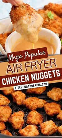 Learn how to make crispy chicken nuggets recipe tusing chicken breasts or thighs. They are healthy, perfect for kids, can be frozen and is one of the best air fryer chicken recipe.  Get this homemade air fryer chicken nuggets recipe at kitchenathoskins.com.