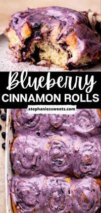 These blueberry cinnamon rolls are a super soft dough, filled with cinnamon filling and blueberry jam. The rolls are also topped with a blueberry cream cheese icing. They combine a classic cinnamon roll recipe with blueberries for a perfect breakfast