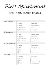 First apartment guide!  Here is a quick and simple guide to some pantry and kitchen basics you should have/ buy for your first apartment!  This is everything I would recommend having so that cooking and recipes are easier in your new home!  Follow for more first apartment guides!  🏡  🏡  🏡  🏡     First home apartment renting what to buy first home supplies list of what to bring when you move moving out moving homes basic supplies list