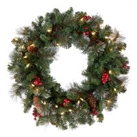 Transform your home for the winter holidays with National Tree Company's Pre-Lit Artificial Christmas Wreath Decoration. Designed with a Crestwood Spruce branch base, this hanging wreath is 24 inches wide and decorated with pine cones and berry clusters. These beautifully ornate decorations complement the wreath's natu