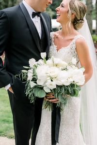 All white fluffy bridal bouquet // Tulips, Peonies, Eucalyptus // Classic Wedding Inspiration