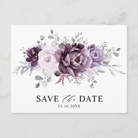 Elegant and modern floral midsummer wedding save the date card features a bouquet of watercolor roses peonies in shades of purple plum,  dusty rose, dusty pink , mauve, sage with lush green botanical leaves and eucalyptus. Please find more matching designs and variations from my "blissweddingpaperie" store. And feel free to contact me for further customization or matching items.