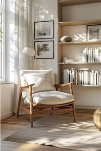 Serene Scandinavian Reading Nook is a special area within a Scandinavian interior designed for relaxation and reading. This nook features comfortable seating, such as a plush armchair with a soft throw blanket, and is positioned near a window to benefit from natural light. Minimal shelves or storage keep books organized and accessible, while decorative elements are kept to a minimum to maintain a peaceful atmosphere. This space is perfect for those seeking a quiet corner to unwind and enjoy a good book. Click or tap to discover more serene Scandinavian reading nook ideas.