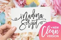 - CALLIGRAPHY FONT

Thanks for checking out Madina Script! A fabulously fun yet elegant script font with tons of energy, allowing you to create beautiful hand-made typography in an instant. With extra bouncy curves & loops, Madina Script is guaranteed to make your text stand out - perfect for logos, printed quotes, invitations, cards, product packaging, headers and whatever your imagination holds.