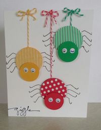 handmade card: Fun childrens card (thanks to mailebelles' idea.) ... punch art spiders using circles and britght primary colors ...