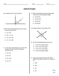 6 questions quick assessment of 5th and 6th grade prior knowledge of angles and triangles to be utilized prior to instruction