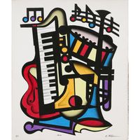 An art deco abstraction of musical instruments in this airbrushed painting by Erik Freyman  Medium: Acrylic paint and airbrush on canvas, signed and titled in pen Dimensions: 30 x 24 inches