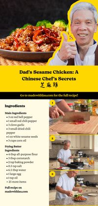 Craving the perfect Sesame Chicken at home? This mouthwatering recipe draws on my dad's 50+ years as a Chinese chef, boasting two James Beard Awards! With red bell pepper, red chili pepper, and toasted sesame, it's packed with authentic flavors. Ready in just 45 minutes, with easy-to-follow steps like frying crispy chicken and crafting a sweet, nutty sauce. Save this pin for an addictive dish that never fails to impress; click for the full recipe!