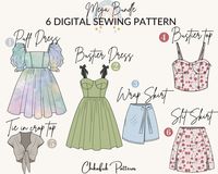 This is my ultimate bundle that includes my 6 best seller digital sewing patterns . This is a perfect gift for sewing lover.  You will get 30 pdf files for the 6  sewing pattern . 6 Sewing patterns:  1- Bustier pattern  2- Wrap Skirt 3-Puff dress 4-Slit Skirt  5- Bustier flairy dress 6-Tie in crop top You will be able to download for each digital sewing pattern  5 pdf files: -US letter printable pattern ( for US letter printers and paper) -A4 printable pattern ( for A4 size printers and paper) -