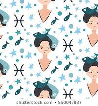 Zodiac signs Pisces. Vector illustration of cute girl. Pattern with girl face, sign and star