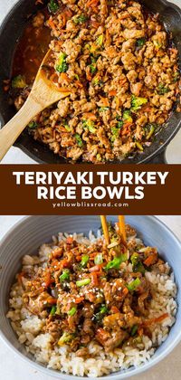 Teriyaki Turkey Rice Bowl have ground turkey simmered in a sweet teriyaki sauce, with loads of veggies on top of a bowl or steam white or brown rice. Perfect for weeknight dinner or meal planning.