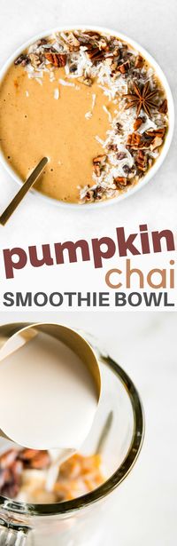 This Fall-inspired pumpkin chai smoothie is delicious and made with a handful of ingredients, including pumpkin, pecan, almond milk, spices, and is naturally sweetened with banana and dates. #pumpkinchaismoothie #smoothierecipe #pumpkinsmoothie