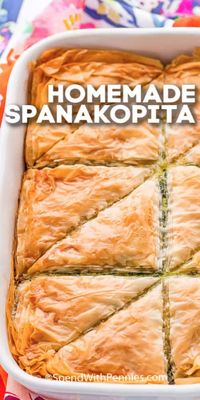 Spanakopita is a traditional Greek spinach pie. Made with phyllo dough and homemade spinach and feta filling it is an easy appetizer or side dish, especially when sliced into triangles. #spendwithpennies #spanakopita #Greek #spinachpie #pastry #sidedish #appetizer #triangles