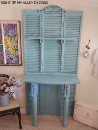 "Unique hand built Shutter stand with rescued vintage chest top and shutter shelf. Painted with the color, Provence with a lime wash glaze on top. Gives it a weathered look along with some light distressing exposing the wood beneath. Multiple vintage filigree wood and brass pieces were added to make this a \"one of a kind\"  multi use piece. This free standing piece would make a cute coffee bar, computer work station, entryway welcoming hall tree. It would lend itself well in a coastal cottage d