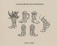 This is a set of beautiful, unique, hand drawn cowboy boot illustrations, including a cowgirl wearing boots, a boot with flowers and a boot beer glass. These handmade pieces are perfect for a western bachelorette party, birthday party invitation, or country dancing decor! Impress your friends with elegant invitations and decor.