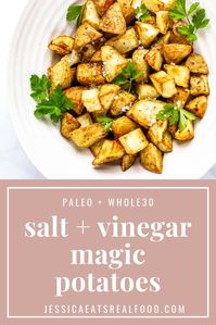 Boiled with vinegar + roasted in the oven, these potatoes have the amazing favour of crispy, seaside fries, but with a healthier take. They're Paleo, Whole30 and delicious. #grainfree #paleo #paleorecipes#dairyfree #fries #frenchfries #vinegar#whole30 #whole30recipes