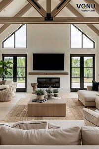 Elevate your living space with this modern design featuring vaulted ceilings, large windows, and a sleek fireplace. The room is filled with natural light and cozy seating, creating a bright and inviting atmosphere perfect for family gatherings and relaxation. #ModernLivingRoom #VaultedCeilings #LargeWindows #SleekFireplace #HomeDesign