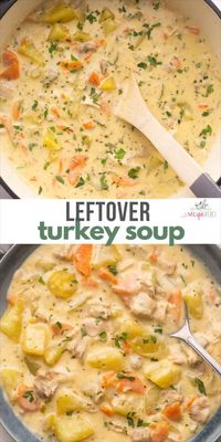 Easy Leftover Turkey Soup is warm and comforting. With tender turkey, loads of vegetables, and a great mix of savory seasonings, it's the perfect way to feed the whole family during the busy holidays! #soup #dinner #recipe | soup recipe | dinner ideas | dinner recipe | leftover turkey recipe | thanksgiving leftovers | creamy soup | healthy soup |