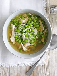 This super-quick chicken and pea broth recipe is ready in 15 minutes and is under 300 calories - perfect for a midweek meal.