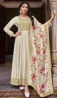 Vichitra Silk Embroidery Work Anarkali Style Salwar Suit In Cream - 145579463