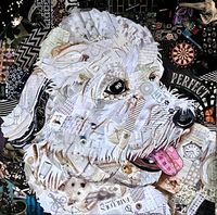 This is a 16“ x 16” paper collage painting of a labradoodle by Penny Day Thompson