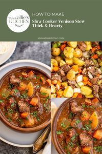 This thick, hearty and healthy slow cooker venison stew is made in the crockpot with tender hunks of deer meat, vegetables, and a rich & flavorful broth.