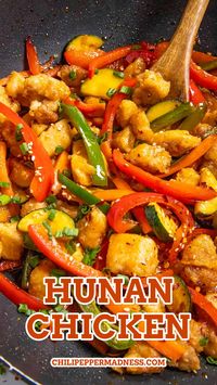 This Hunan chicken recipe is an iconic Chinese stir fry of lightly pan fried chicken and stir fried vegetables in a spicy Hunan sauce. It's so easy to make, on the table in 15 minutes! We're cooking up an iconic Chinese stir fry in the Chili Pepper Madness kitchen tonight, my friends. Are you a fan of stir fry? I love a good stir fry because not only are they easy to make, they usually require very little prep and cooking time.