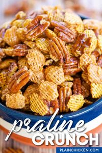 Praline Crunch - highly addictive!! SOOOO good! Sweet and Salty in every bite! Crispix cereal, pecans, brown sugar, corn syrup, butter, vanilla, baking soda. Can make ahead of time and store in an air-tight container. Great for a party or homemade gift! #chexmix #snack #partyfood #pecans