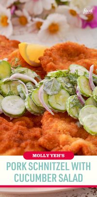 Recipe of the Day: Molly Yeh's Pork Schnitzel with Cucumber Salad 🤩🥒 When Molly is celebrating or down in the dumps, she turns to schnitzel. In her opinion, you really can't go wrong with "a gigantic piece of fried meat," especially when paired with a tangy, herby cucumber salad. See for yourself—it only takes 30 minutes to make at home!