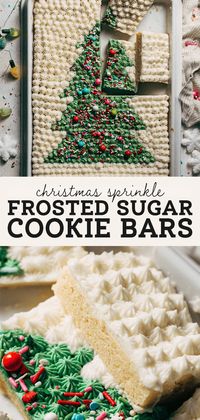 These festive Christmas sugar cookie bars are so soft and tender with the perfect amount of sweetness! They're made extra special with Christmas tree frosting and sprinkles. #sugarcookie #cookiebars #sugarcookiebars #christmasdesserts #butternutbakery | butternutbakeryblog.com