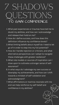 Gain confidence by delving deep into your psyche with shadow questions. 🌟✨ Reflect on past experiences, confront hidden fears, and challenge self-doubt. 🌿 This introspective journey helps you understand and overcome the barriers to self-assurance. 🌼 Embrace the process of self-discovery and let go of limiting beliefs. 💖 Through shadow work, you can build a solid foundation of confidence and inner strength. 🌞 Celebrate your growth and shine with newfound self-assurance! 🌟💫