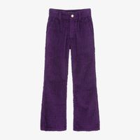 Girls deep purple trousers by Molo, made in soft, jumbo cotton corduroy. Designed in a flared slim fit, these stylish trousers have slanted front pockets and patch pockets on the back. They sit comfortably just below the waist and fasten with a gold-tone logo popper and zip, with an adjustable waistband to ensure a great fit. A branded jacron on the back adds a signature finish.