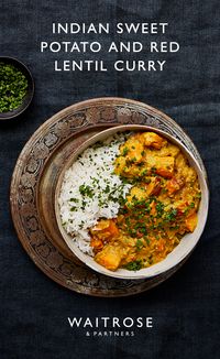 Our Indian sweet potato and red lentil curry makes the ultimate vegetarian dinner. Tip: for a creamier curry, add a 400ml can of coconut milk and use 600ml of stock rather than 1 litre. Finish with chives and natural yogurt to serve. Click on the image for the full Waitrose & Partners recipe.