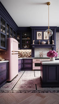 💎 Step into a world of vintage glamour in this stunning purple kitchen! Deep purple cabinets & a pale pink retro fridge create a chic contrast against graphic black & white wallpaper. A purple-veined marble counter & brass globe chandelier add a touch of luxury, while a mosaic of purple, pink & white tiles complete the glam look. Like & follow for more vintage-inspired elegance! 👛