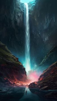 An underground waterfall AI artwork is made possible using Midjourney.