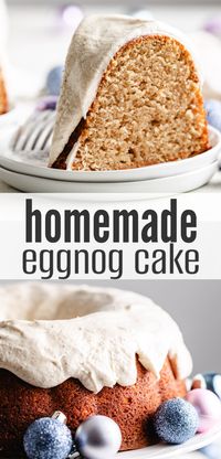 Eggnog cake that's as beautiful as it is delicious! This bundt cake is packed with warm spices and topped with a rich frosting, making it one of the easiest holiday dessert recipes to impress your guests.