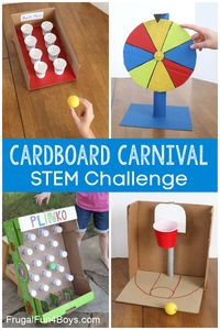 Cardboard Carnival Games STEM Challenge - Ask kids to design and build their own working carnival games out of cardboard boxes and other recycled supplies. So fun! Perfect at home, or for a STEM class or club.