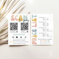 Includes BOTH a Price Sheet & Scan to Pay sign templates! 8"W x 10"H and 5"W x 7"H included This Pricing sheet and Acceptable Payments sign template is perfect for Hair Salons, Hairdressers, Beauty Salons, Spas, Bakeries, and more! Works great as a custom menu design and provides an easy way for your customers to pay with Paypal, Venmo, Cashapp, credit cards, etc.Purchase, print, frame and display the sign for customers to scan and instantly pay for products or services. To add your Venmo or pay