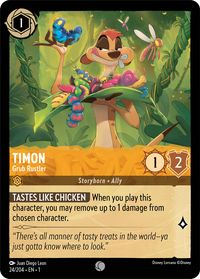 "Timon Grub Rustler" card from Disney Lorcana Trading Card Game. Art by Juan Diego Leon.