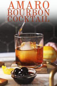 Love amaro and bourbon? You’re going to love this cocktail because it features both! Garnish with a Luxardo cherry and a lemon peel, and this warming winter drink that’s similar to an Old Fashioned and a Paper Plane is served. #EasyEntertaining #SpeckledPalate