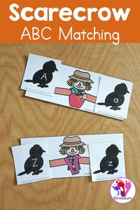 Free Scarecrow ABC Matching Printable -0 matching the beginning sound for each picture on the scarecrow with a crow that has an uppercase and lowercase letter. All 26 letters of the alphabet. - 3Dinosaurs.com #beginningsounds #abc #kindergarten #prek #3dinosaurs #firstlettersound #freeprintable