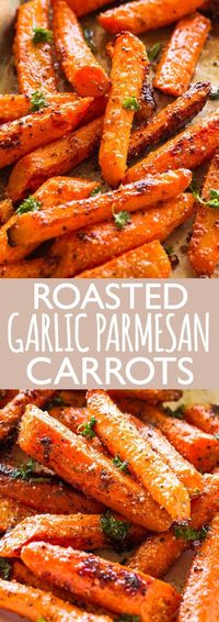 Roasted Garlic Parmesan Carrots - An easy, family favorite roasted carrots recipe tossed with the most flavorful garlicky and buttery parmesan cheese coating. The carrots come out sweet, tender and really delicious. #carrotssidedish #easter #cheese